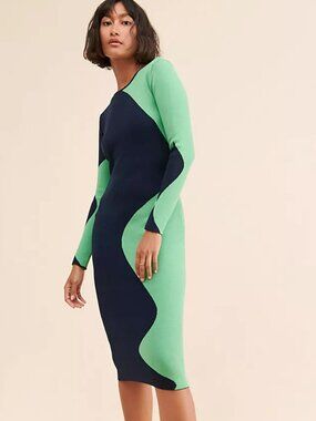 Another Girl Free People Colorblock Wavy Knit Long Sleeve Green Navy Dress Sz 4